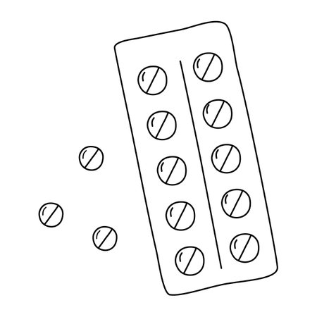 Round tablets or pills with divider in blister package, flat vector outline for coloring bookのイラスト素材