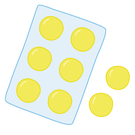 Big round yellow tablets, lozenges or pills in blister package, cold, flu or sore throat treatmentのイラスト素材