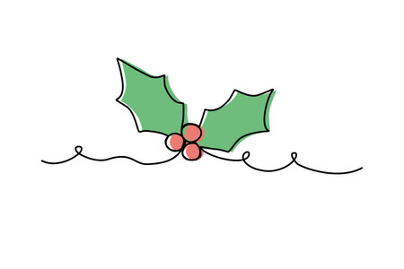 Holly leaves with berries, line art with color, continuous line vectorのイラスト素材