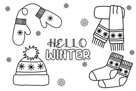 Warm winter accessory set mittens, hat, scarf and socks, doodle vector outline for coloring bookのイラスト素材
