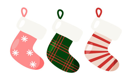 Set of festive Christmas socks for holidays gifts to be hang on fireplace, vectorのイラスト素材