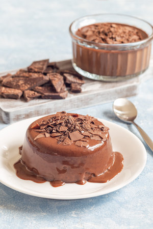 Chocolate dessert Panna Cotta on white plate, verticalの写真素材
