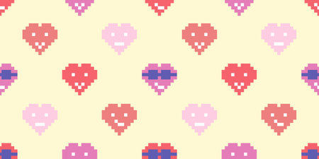 Seamless pattern with different colorful hearts emoticon in pixel art style, on yellow, vector