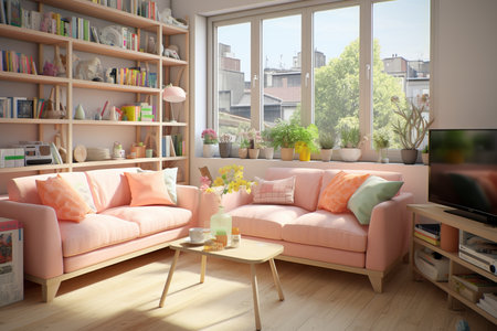 Cozy living room with comfortable and inviting hygge interior design in soft light coloursの素材