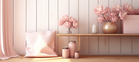 Modern Home Interior, shelf with vase, flowers and candles, pillow mockup, pastel coloursの素材