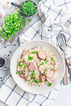 Chicken bog dish with smocked sausages, traditional South Carolina recipe, vertical, top viewの写真素材