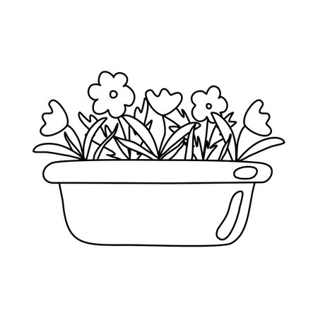 Big pot with blooming flowers, doodle style flat vector outline for coloring bookのイラスト素材