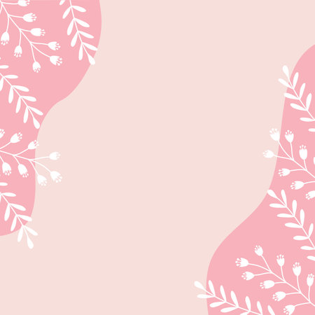 Spring background or greeting card with branches and leaves, pink and white colors, vector, squareのイラスト素材