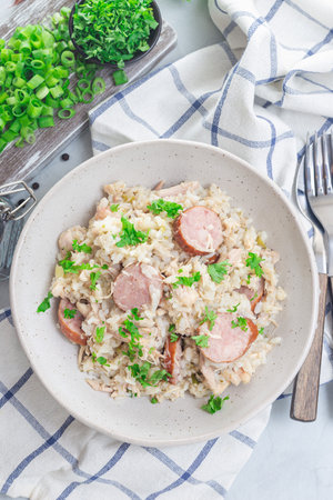 Traditional South Carolina chicken bog dish with smocked sausages, vertical, top viewの写真素材