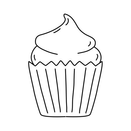 Cute cupcake with cream or icing, doodle style flat vector outline for coloring bookのイラスト素材