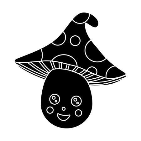 Black silhouette of cute cheerful mushroom with spotted cap, glyph icon flat vectorのイラスト素材