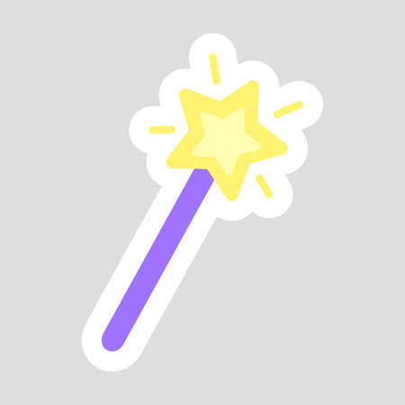 Sticker of magic wand with sparkling star on top, cartoon style vector for kidsのイラスト素材