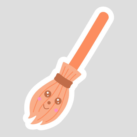 Sticker with cute broom, vector for kidsのイラスト素材