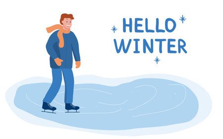 Hello Winter vector illustration with a man ice skating on a frozen pondのイラスト素材