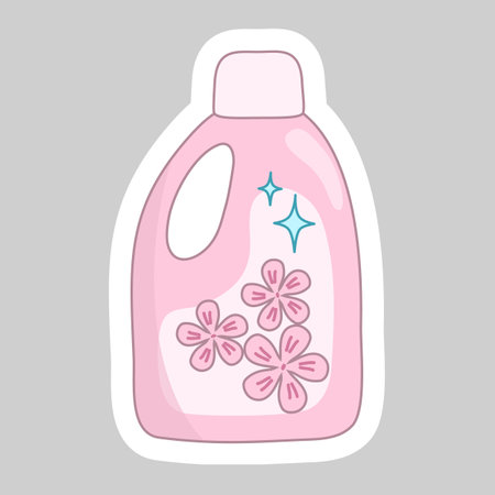 Sticker with pink bottle with cleaning or washing detergent, decorated with flowers, vectorのイラスト素材