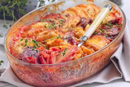Au gratin with sweet potato, parsnips, beet root and melted cheese, in glass dish, horizontalの写真素材