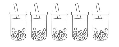 Five cups of refreshing bubble tea showing tapioca pearls and straws, outline for coloring bookのイラスト素材