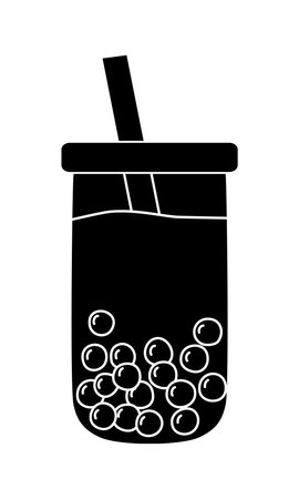 Black silhouette of rounded glass with bubble tea boba pearls straw, glyph icon vectorのイラスト素材