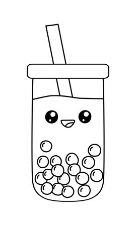 Kawaii style bubble tea glass with boba pearls and straw, vector outline for coloring bookのイラスト素材
