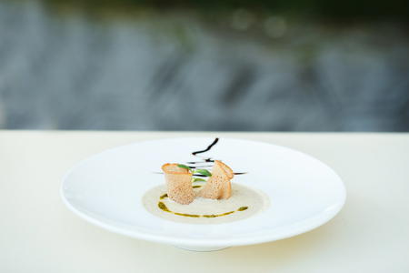 bowl of vegetarian mushroom puree soup in a large plate on bokeh background of greensの写真素材