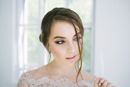 fine art portrait of a girl in vintage dressの写真素材