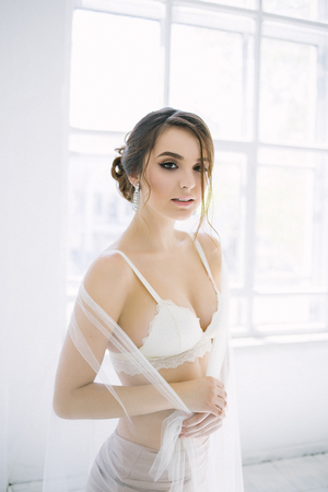 fine art portrait of a girl in vintage lingerieの写真素材