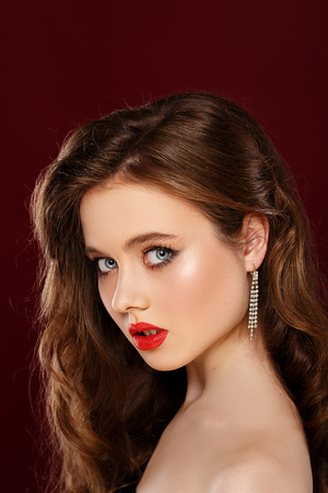Beauty portrait girl with full red lipsの写真素材