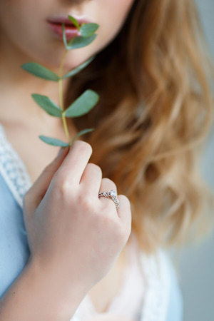 bride with eucalyptus in handsの写真素材