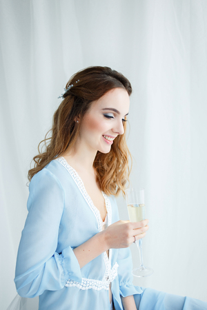beautiful bride drink champagneの写真素材