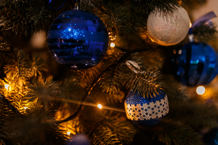 Christmas pine branch with decorations and ballsの写真素材