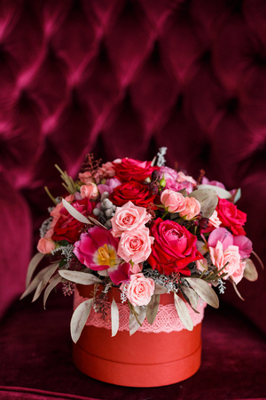 gift for Valentines Day in the form of a flower bucketの写真素材