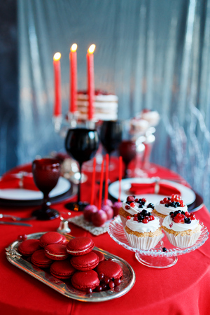 Romantic dinner with candles and glasses of champagne for Valentines Dayの写真素材