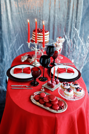 Romantic dinner with candles and glasses of champagne for Valentines Dayの写真素材