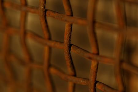 Old rusty metal lattice over the old wall as a background textureの写真素材