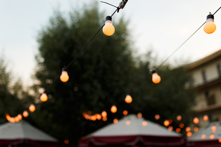 warm light bulbs at the evening eventの写真素材