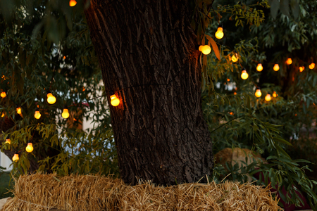 Christmas decorated place outside with lamps, linen pillows in haystacksの写真素材