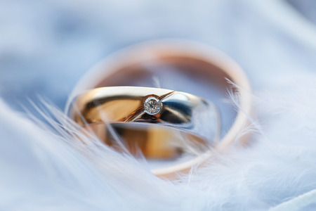 Engagement wedding gold rings on white feathersの写真素材