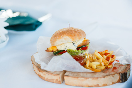 Tasty chicken burger with fresh fries. Concept of fast food. Grilled chicken burger with lettuce and mayonnaise served on cross section of the tree. An american burger with fried potatoesの写真素材