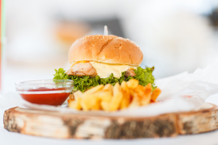 Tasty chicken burger with fresh fries. Concept of fast food. Grilled chicken burger with lettuce and mayonnaise served on cross section of the tree. An american burger with fried potatoesの写真素材