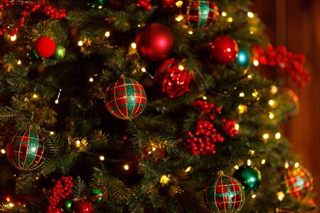 Beautiful Red Christmas Balls Hanged On The Christmas Tree Branchの写真素材
