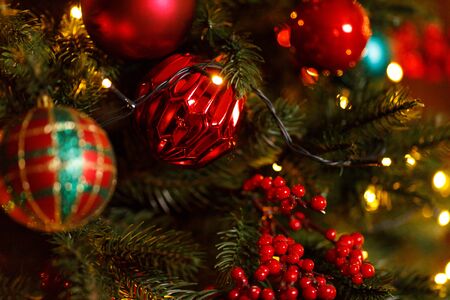 Beautiful Red Christmas Balls Hanged On The Christmas Tree Branchの写真素材