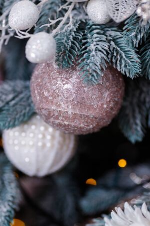 Christmas Balls And Decorations On A Beautiful Christmas Tree. Decorated Christmas Interior. Place For Text.の写真素材