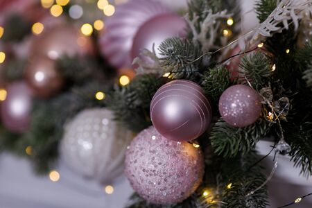 Christmas Balls And Decorations On A Beautiful Christmas Tree. Decorated Christmas Interior. Place For Text.の写真素材