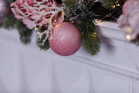 Christmas Balls And Decorations On A Beautiful Christmas Tree. Decorated Christmas Interior. Place For Text.の写真素材