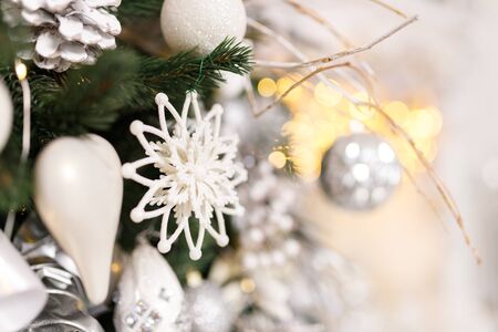 Christmas Balls And Decorations On A Beautiful Christmas Tree. Decorated Christmas Interior. Place For Text.の写真素材