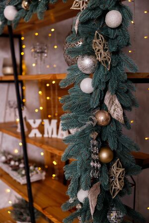 Christmas Balls And Decorations On A Beautiful Christmas Tree. Decorated Christmas Interior. Place For Text.の写真素材