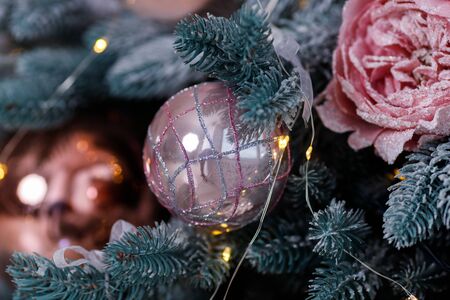 Christmas Balls And Decorations On A Beautiful Christmas Tree. Decorated Christmas Interior. Place For Text.の写真素材