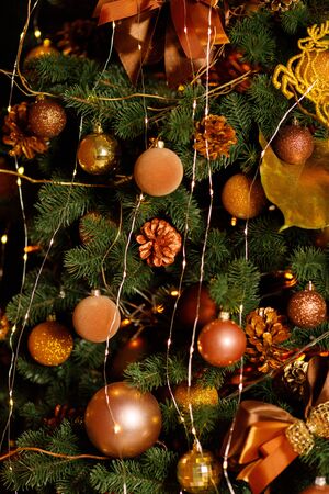 Christmas Balls And Decorations On A Beautiful Christmas Tree. Decorated Christmas Interior. Place For Text.の写真素材