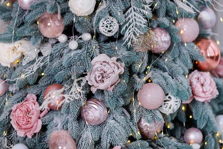 Christmas Balls And Decorations On A Beautiful Christmas Tree. Decorated Christmas Interior. Place For Text.の写真素材