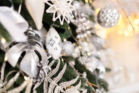 Christmas Balls And Decorations On A Beautiful Christmas Tree. Decorated Christmas Interior. Place For Text.の写真素材